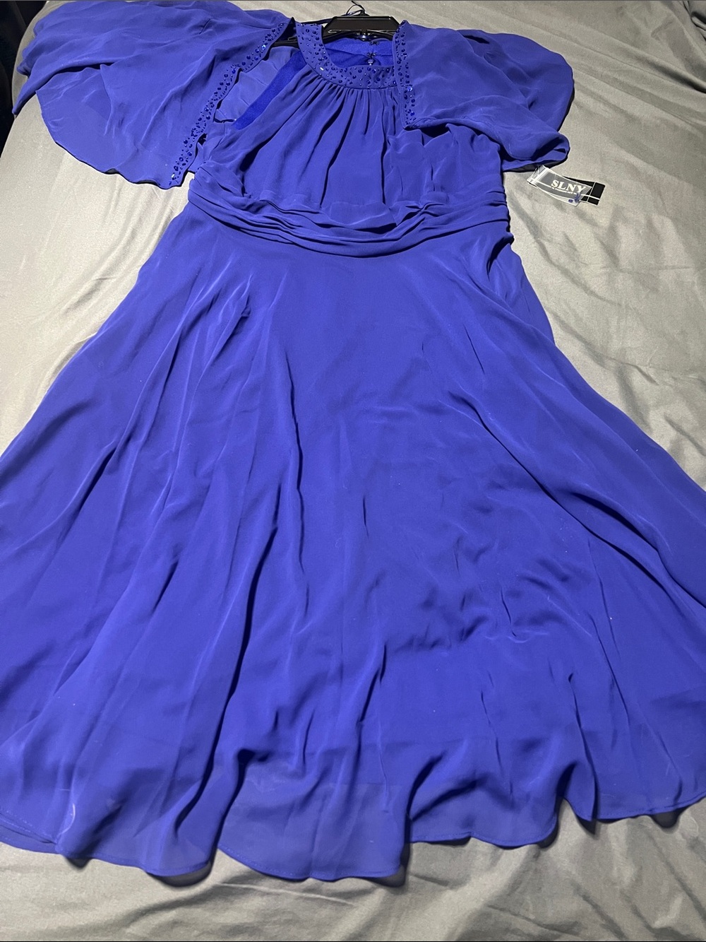 SLNY Cobalt Blue Chiffon Midi Dress with removable top Flutter Sleeves